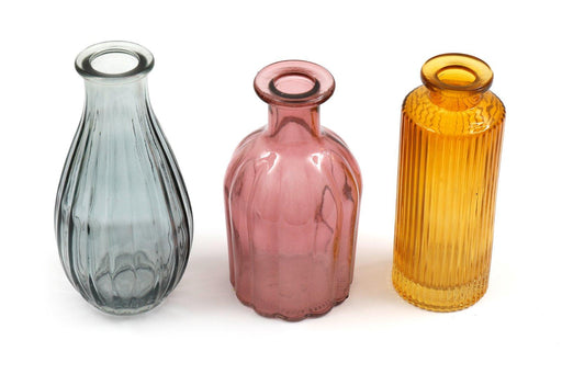 Set of Three Colour Glass Vases Bottles Wedding and Event Decor - Lost Land Interiors