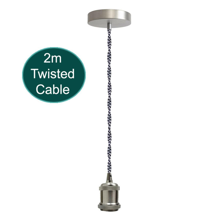 2m Black & White Twisted Cable E27 Base Satin Nickel Pendant Holder~1733 - Lost Land Interiors