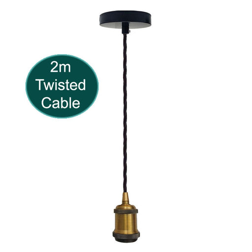 2m Black Twisted Cable E27 Base Pendant Yellow Brass Holder~1728 - Lost Land Interiors