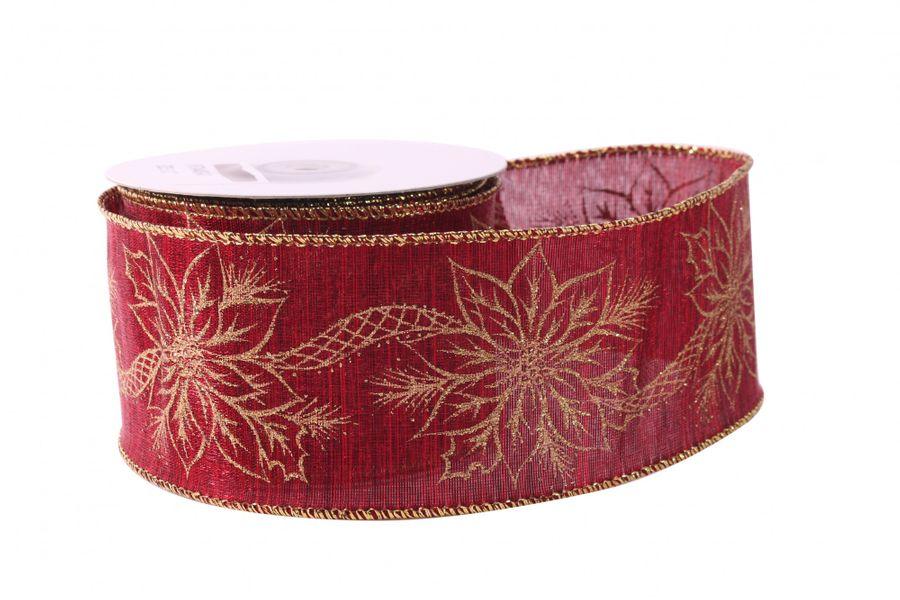 Red with Gold Poinsettia Ribbon (63mm x 10yds) - Lost Land Interiors