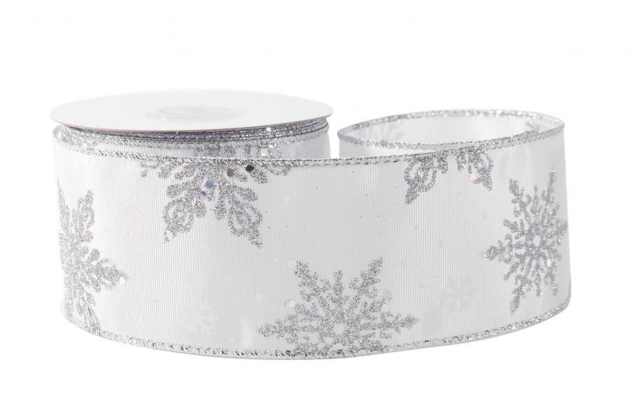 White with Silver Glitter Snowflakes Ribbon (63mm x 10yds) - Lost Land Interiors