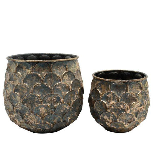 Vintage Style Veredegris Metal Vase Set of 2 Planters Pots - Lost Land Interiors