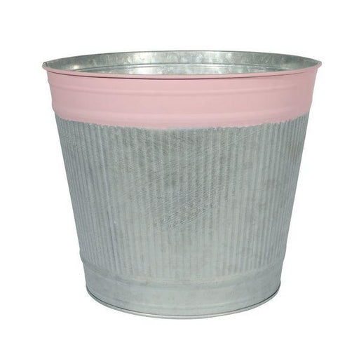 Whitewash Zinc Bucket with Pink Band 20cm - Lost Land Interiors