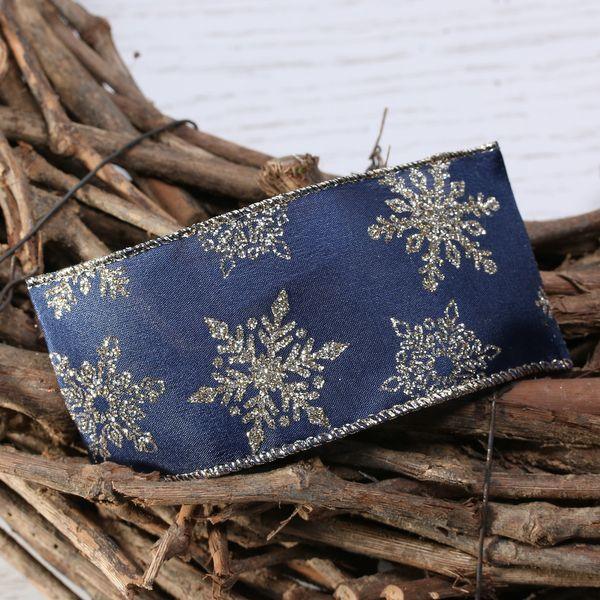 Navy Ribbon with Gold Glitter Snowflake (63mm x 10yd) - Lost Land Interiors