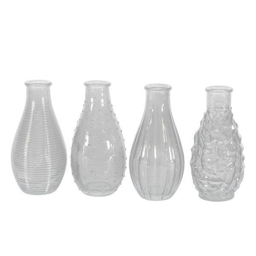 4 x Clear Vintage Bud Vase (Assorted) -14cm x 7cm. Glass Vintage Style Bottle Vase - Lost Land Interiors