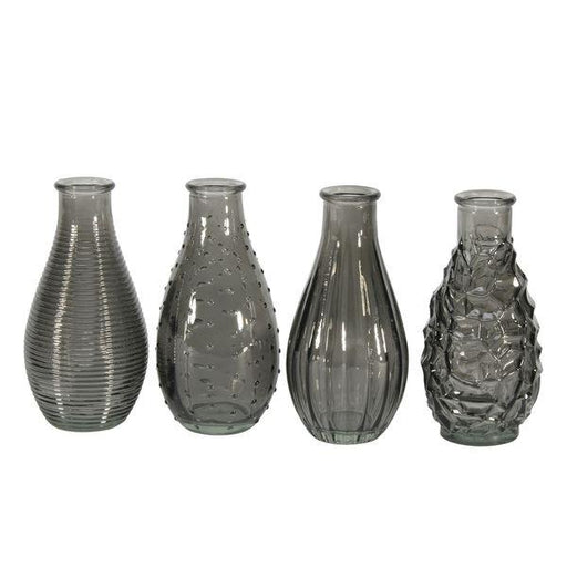 4 x Smokey Grey Vintage Bud Vase (Assorted) -14cm x 7cm -14cm x 7cm. Glass Vintage Style Bottle Vase - Lost Land Interiors