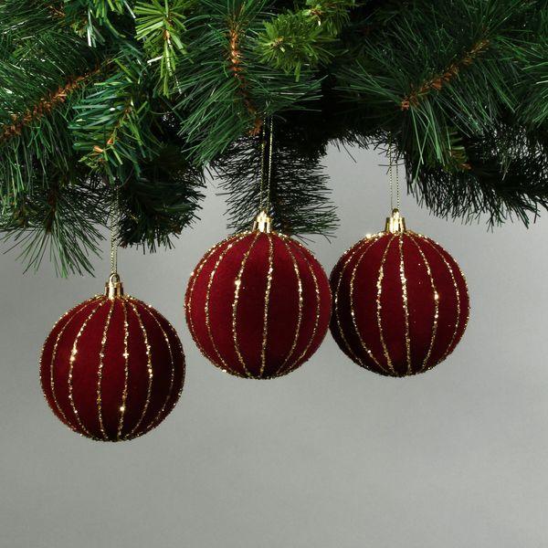 8cm Red Velvet Baubles with Glitter Trim (Set of 6) - Lost Land Interiors