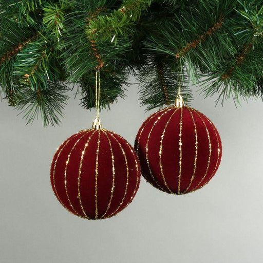 10cm Red Velvet Baubles with Glitter trim (Set of 4) - Lost Land Interiors