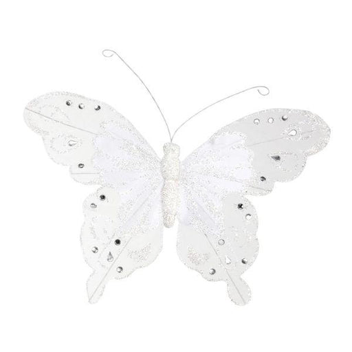 24cm White Fabric & Glitter Butterfly (Pack of 6) - Lost Land Interiors