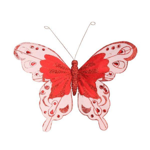 24cm Red Fabric & Glitter Butterfly (Pack of 6) - Lost Land Interiors