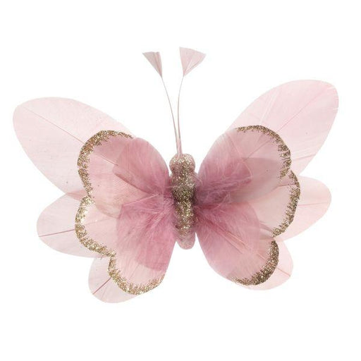 14cm Pink Feather & Glitter Butterfly (Pack of 6) - Lost Land Interiors