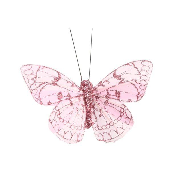8cm Pink Feather & Glitter Butterfly (Pack of 12) - Lost Land Interiors