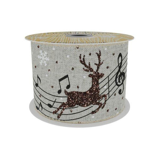 Christmas Natural Ribbon with Reindeer and Musical Notes (63mm x 10yd) - Lost Land Interiors