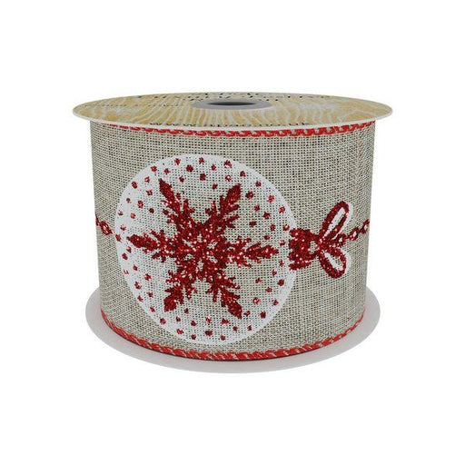 Christmas Natural Ribbon with Red Bauble Design (63mm x 10yd) - Lost Land Interiors