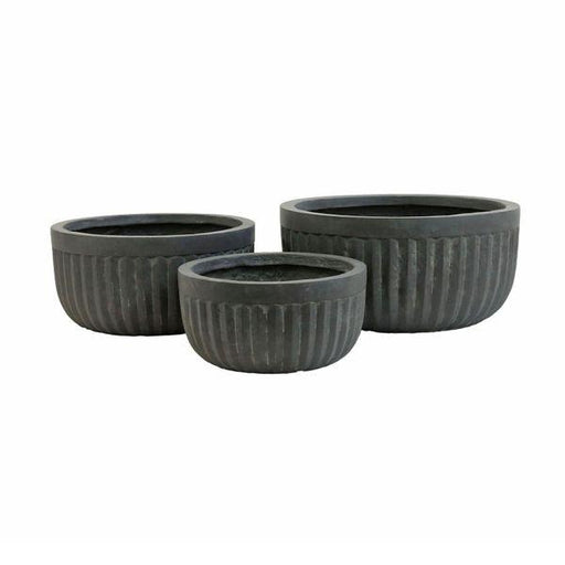 Set of 3 Charcoal Fibre Clay Corrugated Bowls Outdoor Planters - Lost Land Interiors