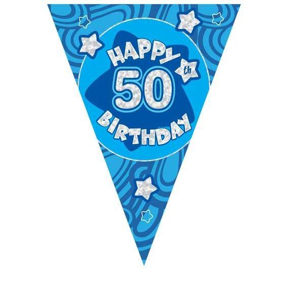 Blue Holographic 50th Birthday Banner (3.6m 11 flags) (24/288) - Lost Land Interiors