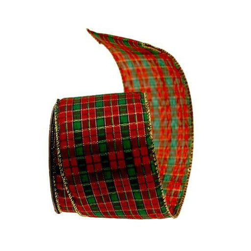 Tartan Green Red Gold Wired Edge Ribbon - Lost Land Interiors