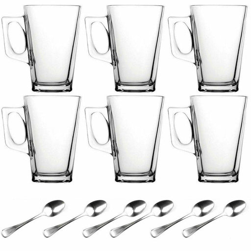 6 x 240ml Latte Glasses Coffee Glass Cups Hot Drink Mugs With Spoons - Lost Land Interiors