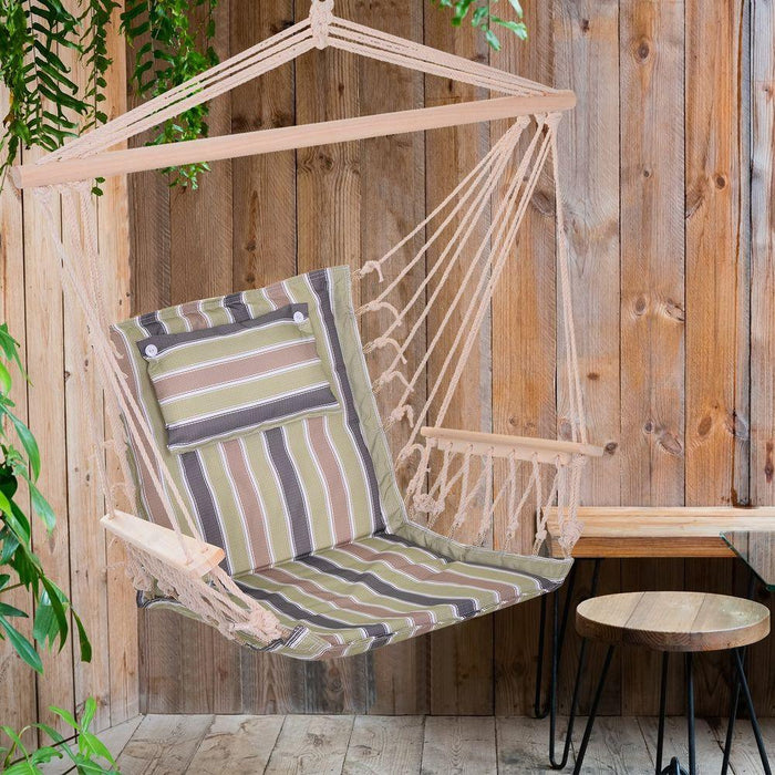 100x106cm Hanging Hammock Chair Thick Rope Frame Pillow Wooden Arms - Lost Land Interiors