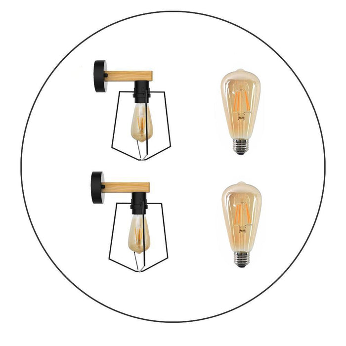 2Pack E27 Modern Industrial Retro Wall Lights with FREE Bulbs Fittings Indoor Sconce Wood Metal Lamp~2302 - Lost Land Interiors